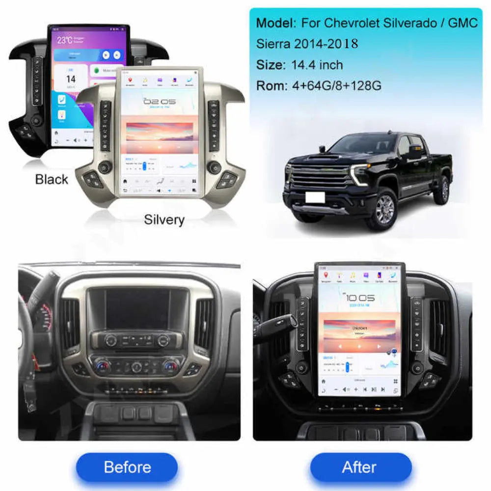 14.4" Qualcomm For Chevrolet Silverado/ GMC Sierra 2014-2018 Car Radio Stereo Carplay Upgrade Tesla Style Screen Android Auto GPS Navigation Multimedia Player Carputech