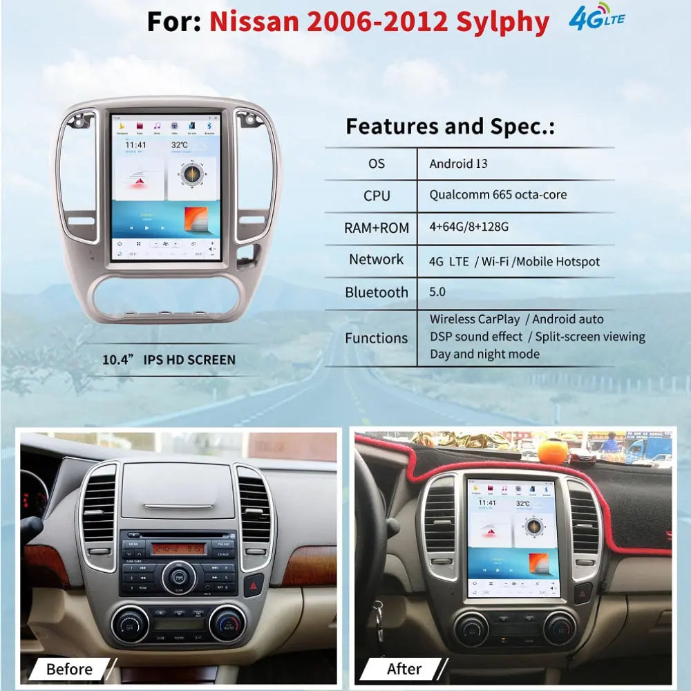 10.4" For NISSAN Sylphy 2006-2012 Car Radio Headunit Stereo Carplay Upgrade Tesla Style Screen Android Auto GPS Navigation Multimedia Player Carputech