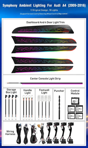 64 Colors Dynamic Ambient Light for Audi A4 B8 2009 - 2016 Interior LED Lighting Accessories Upgrade Atmosphere Light Carputech