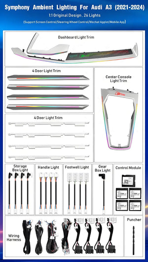 Upgrade Symphony 256 colors Led Car Interior Ambient Lighting Decoration for Audi A3 2021-2024 Carbon Fiber Pattern Trim Accessories Carputech