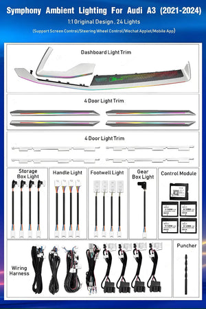 Upgrade Symphony 256 colors Led Car Interior Ambient Lighting Decoration for Audi A3 2021-2024 Carbon Fiber Pattern Trim Accessories Carputech