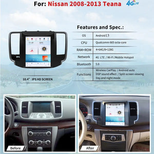 10.4" For NISSAN Teana 2008-2013 Car Radio Headunit Stereo Carplay Upgrade Tesla Style Screen Android Auto GPS Navigation Multimedia Player Carputech