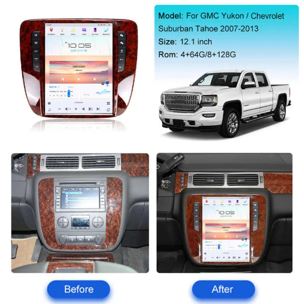 12.1" Qualcomm For GMC Yukon/ Chevy Suburban/ Tahoe 2007-2013 Car Radio Stereo Carplay Upgrade Tesla Style Screen Android Auto GPS Navigation Multimedia Player Carputech