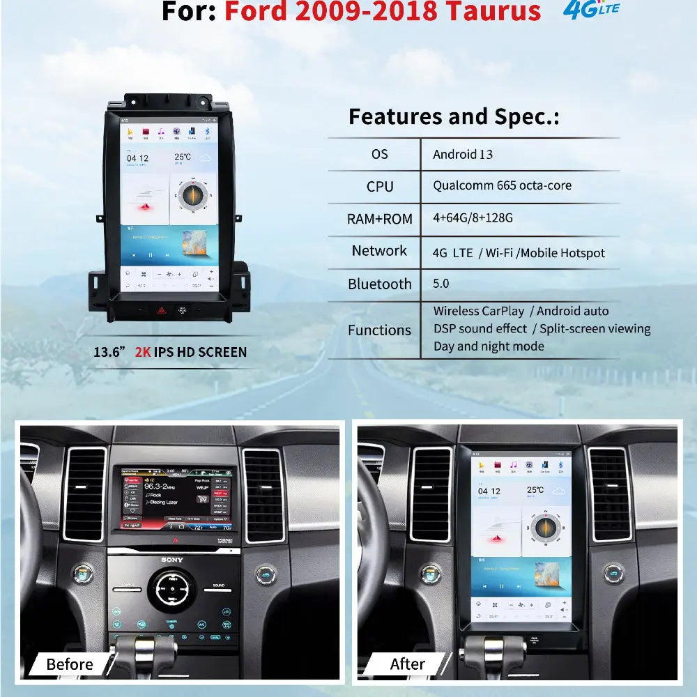 13.6" For Ford Taurus 2009-2018 Car Radio Headunit Stereo Carplay Upgrade Tesla Style Screen Android Auto GPS Navigation Multimedia Player Carputech