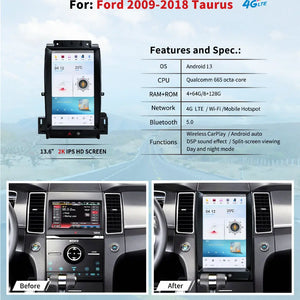 13.6" For Ford Taurus 2009-2018 Car Radio Headunit Stereo Carplay Upgrade Tesla Style Screen Android Auto GPS Navigation Multimedia Player Carputech