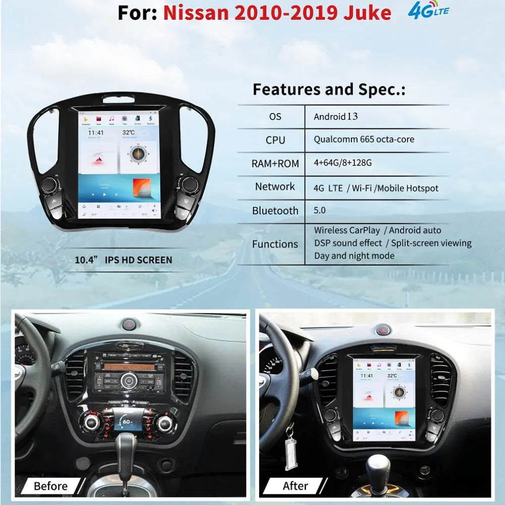 10.4" For NISSAN Juke 2011-2019 Car Radio Headunit Stereo Carplay Upgrade Tesla Style Screen Android Auto GPS Navigation Multimedia Player Carputech