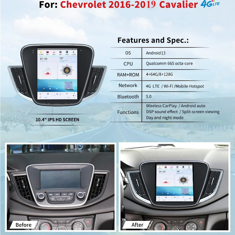 10.4" For Chevrolet Cavalier 2016-2019 Car Radio Headunit Stereo Carplay Upgrade Tesla Style Screen Android Auto GPS Navigation Multimedia Player Carputech