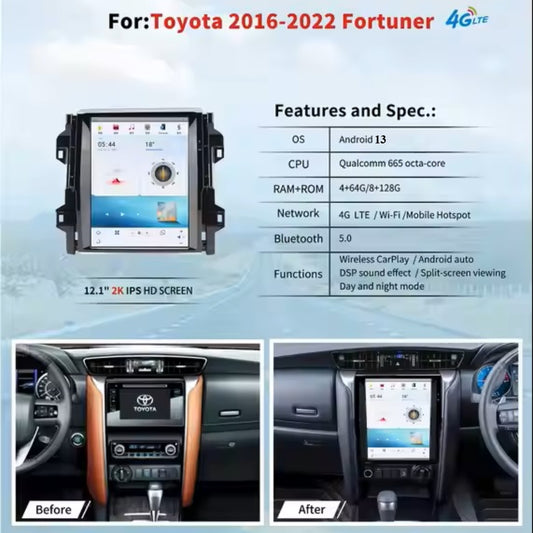 12.1" pour Toyota fortuner 2016-2022 autoradio stéréo Carplay mise à niveau écran de style Tesla Android Auto GPS Navigation lecteur multimédia