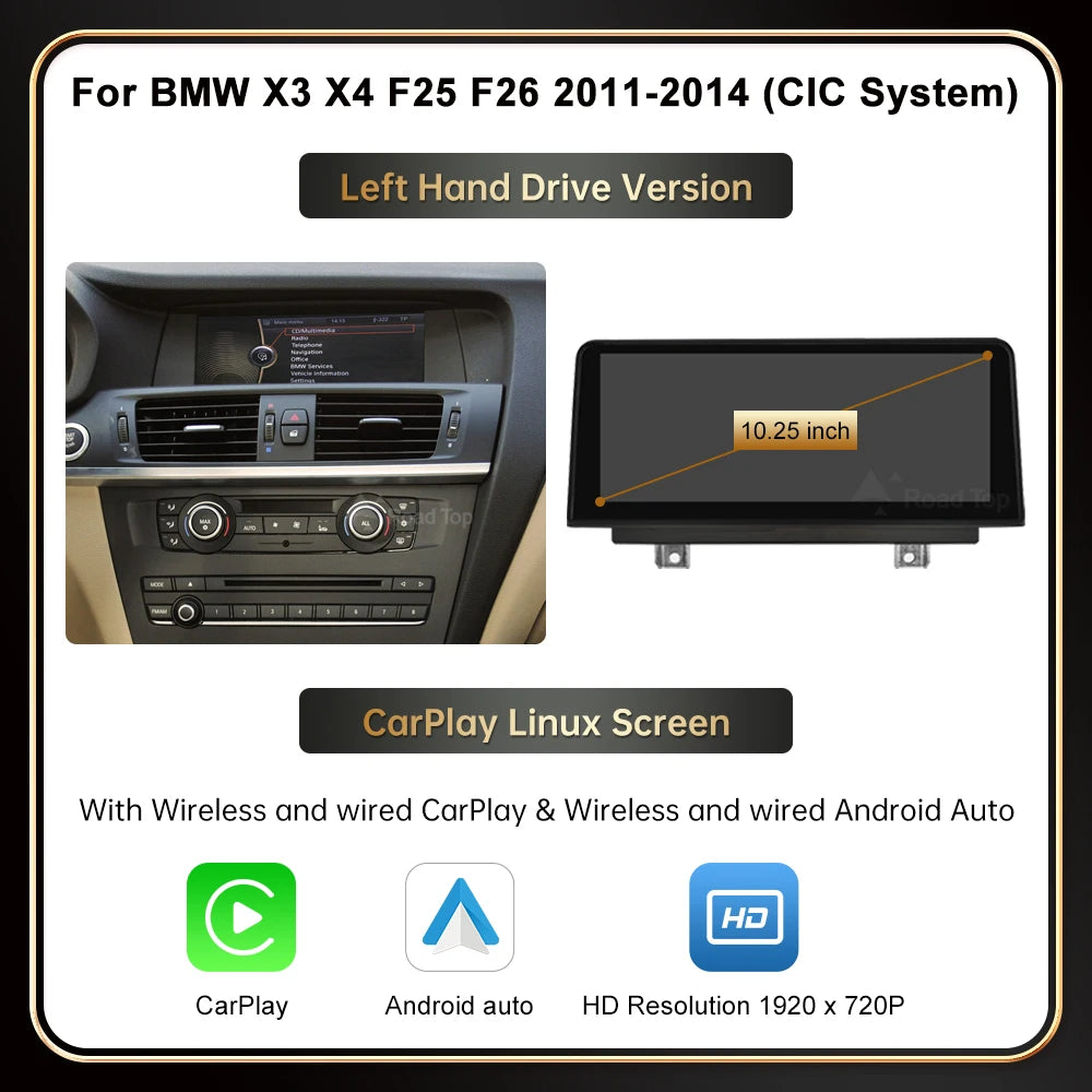 10.25" 12.3" Écran tactile multimédia sans fil Carplay Unité principale Android auto pour BMW X3 F25 X4 F26 2011-2016 CIC NBT Système Linux