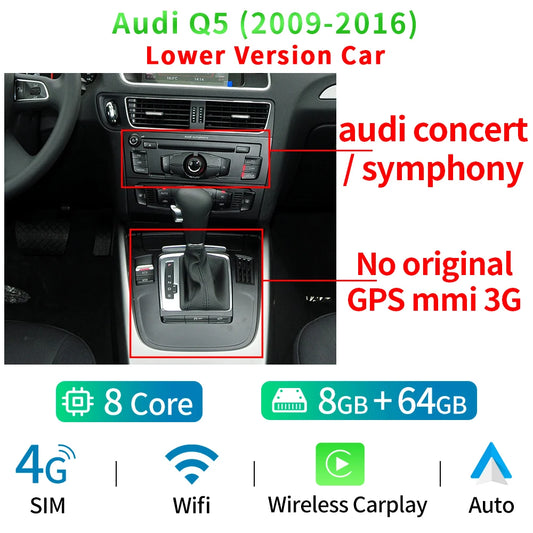 12.3" 8 Core Android 12 Auto GPS Navi Player For Audi Q5 2009-2016 HD 1920*720 8+128GB WIFI SIM Carplay Radio Multimedia Stereo
