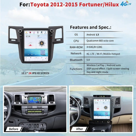 Autoradio 12,1" pour Toyota Hilux 2012-2015, stéréo, Carplay, mise à niveau, écran de style Tesla, Android Auto, navigation GPS, lecteur multimédia