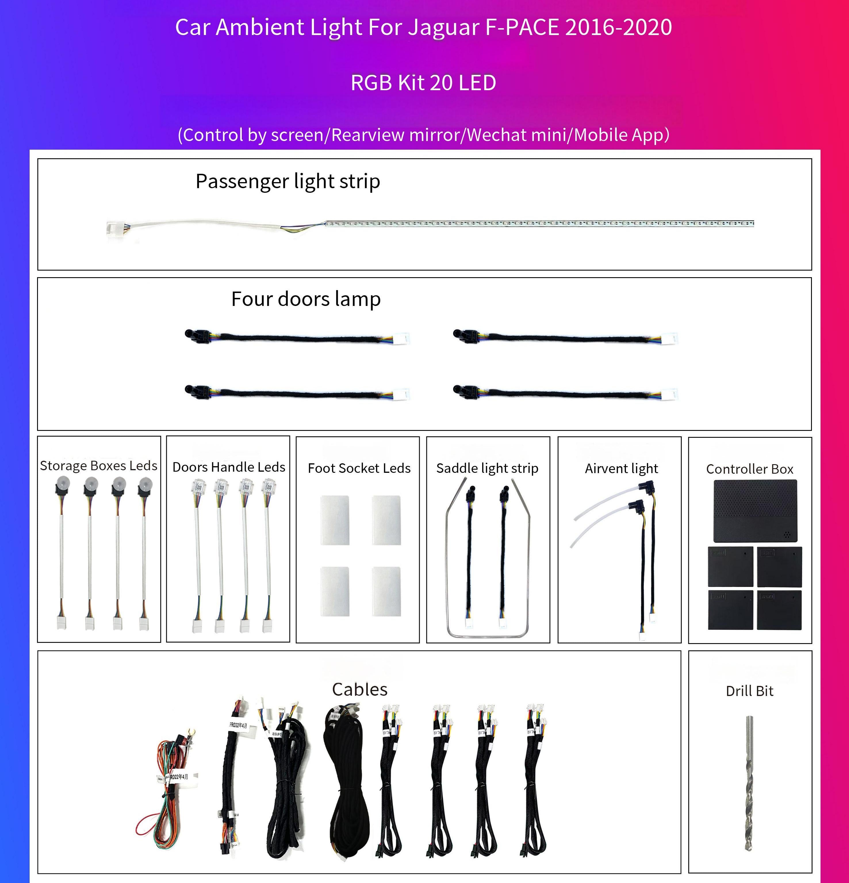 For Jaguar F-PACE 2016-2020 64 Color RGB Car Interior Ambient Lighting Trim Decoration Accessories
