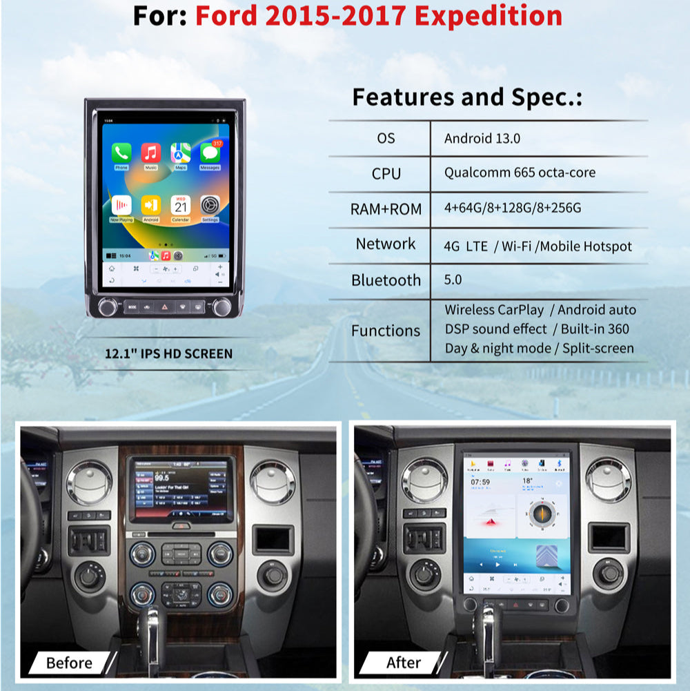 12.1" Tesla Style Screen For Ford Expedition 2015-2017 Android 13 Multimedia Player Car Radio GPS Wireless Carplay Android Auto