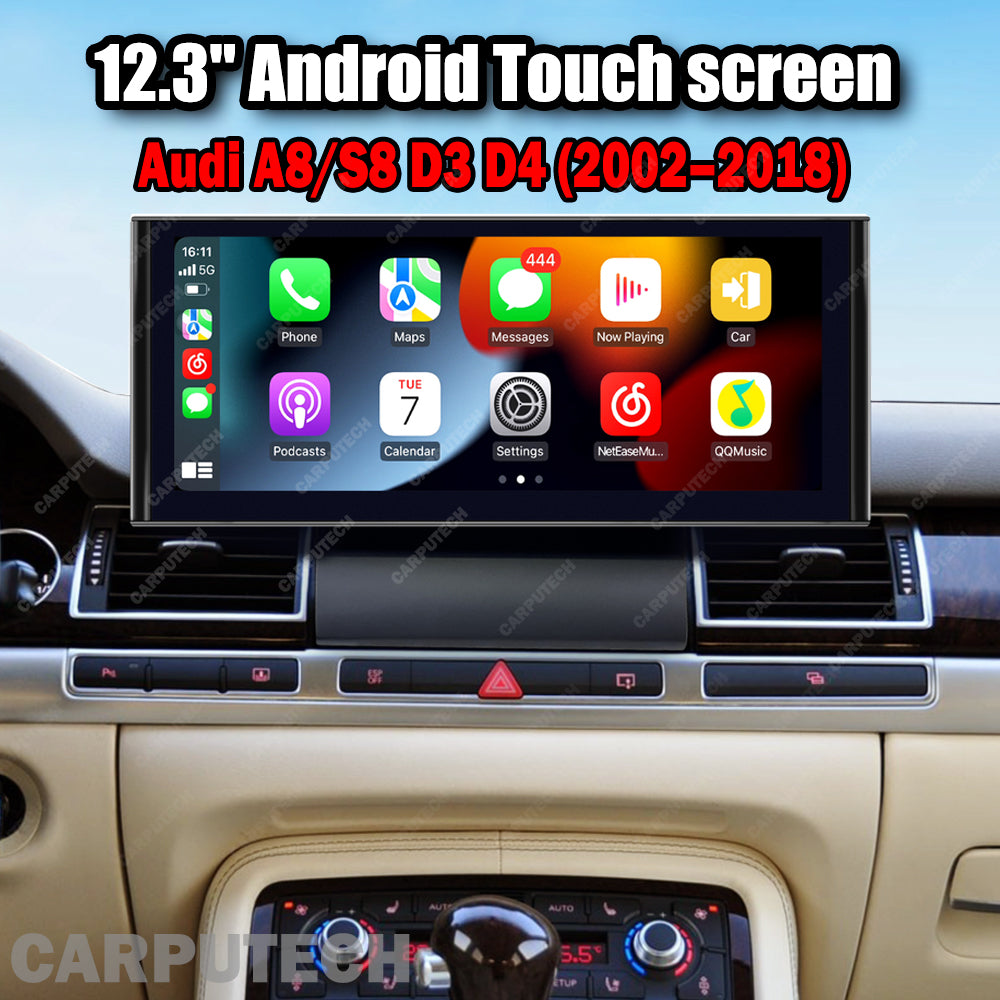 CarpuTech 12.3" Android 13 Car Stereo for Audi A8/S8 D3 D4 (2002–2018) – Wireless CarPlay, Android Auto, GPS Navigation, Touchscreen Upgrade
