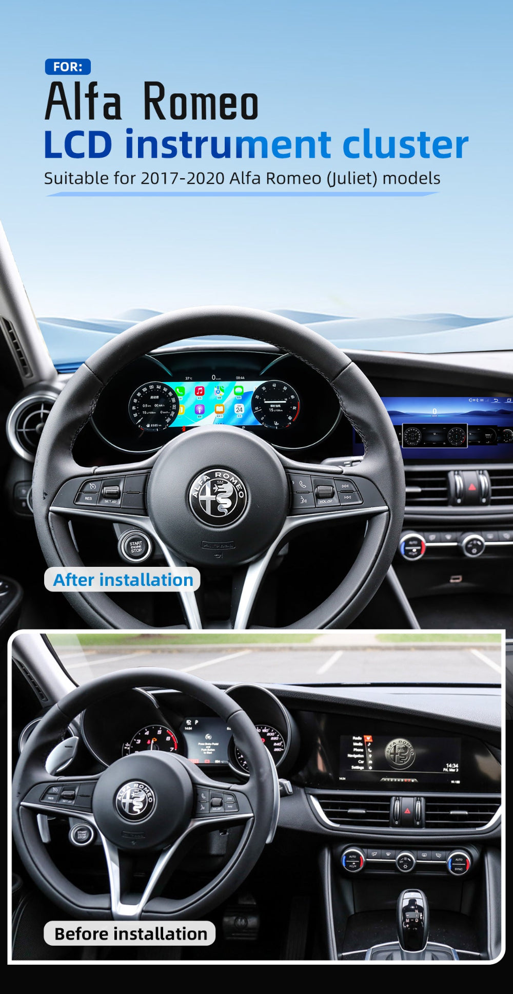 For Alfa Romeo 2017-2020 12.3" LCD Digital Dashboard Cluster Car Panel Speedometer Virtual Cockpit