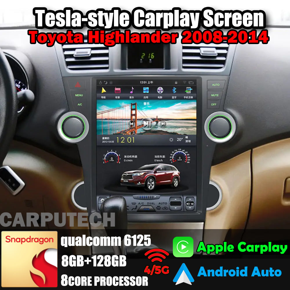Autoradio 12,1" Qualcomm pour Toyota Highlander 2008-2014, stéréo, Carplay, mise à niveau, écran de style Tesla, Android Auto, navigation GPS, lecteur multimédia