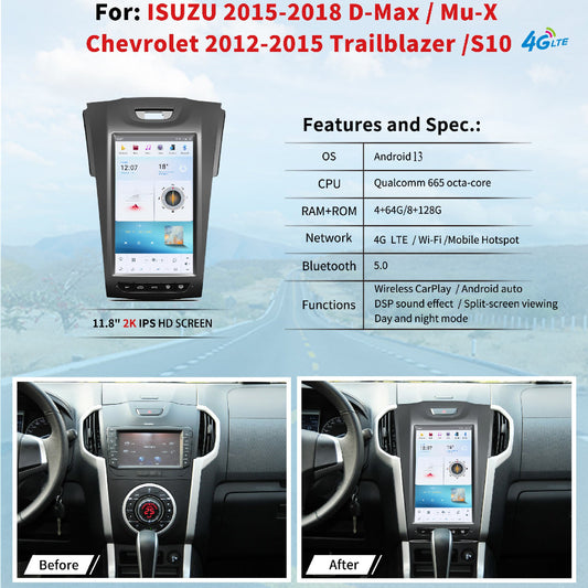 11.8" For Chevrolet Trailblazer/S10 2012-2015 Car Radio Headunit Stereo Carplay Upgrade Tesla Style Screen Android Auto GPS Navigation Multimedia Player