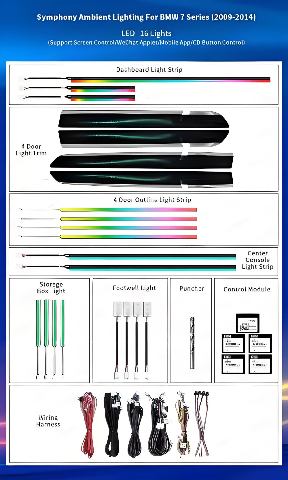 For BMW 7 Series 2008-2015 256 Color Symphony LED Car Interior Ambient Lighting Atmosphere Strip Accessories Upgrade Carputech