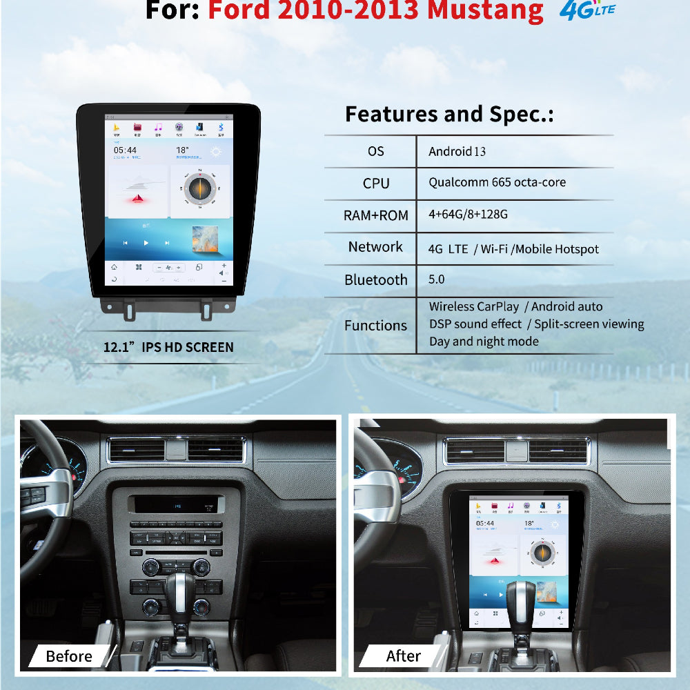 12.1" For Ford Mustang 2010-2013 Car Radio Headunit Stereo Carplay Upgrade Tesla Style Screen Android Auto GPS Navigation Multimedia Player