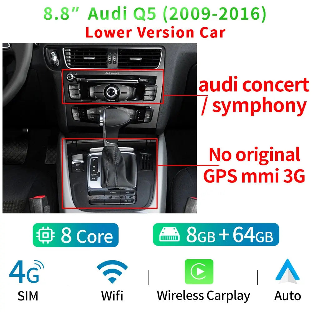 8.8inch 8 Core Android 13 System Car Radio Stereo For Audi Q5 2009-2016 WIFI 4G 8+128GB Carplay BT Touch Screen GPS Navi Receiver Carputech