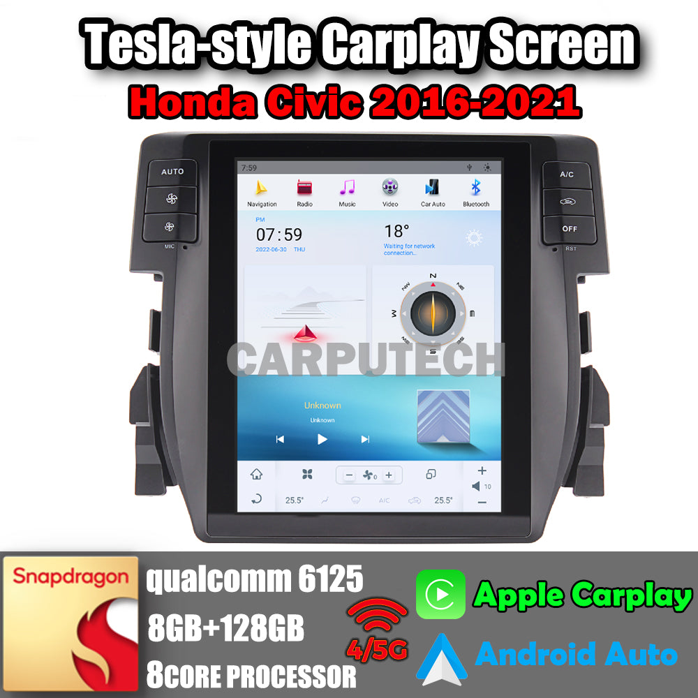 10.4" For Honda Civic 2016-2021 Car Radio Headunit Stereo Carplay Upgrade Tesla Style Screen Android Auto GPS Navigation Multimedia Player