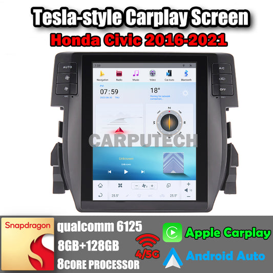 10.4" For Honda Civic 2016-2021 Car Radio Headunit Stereo Carplay Upgrade Tesla Style Screen Android Auto GPS Navigation Multimedia Player
