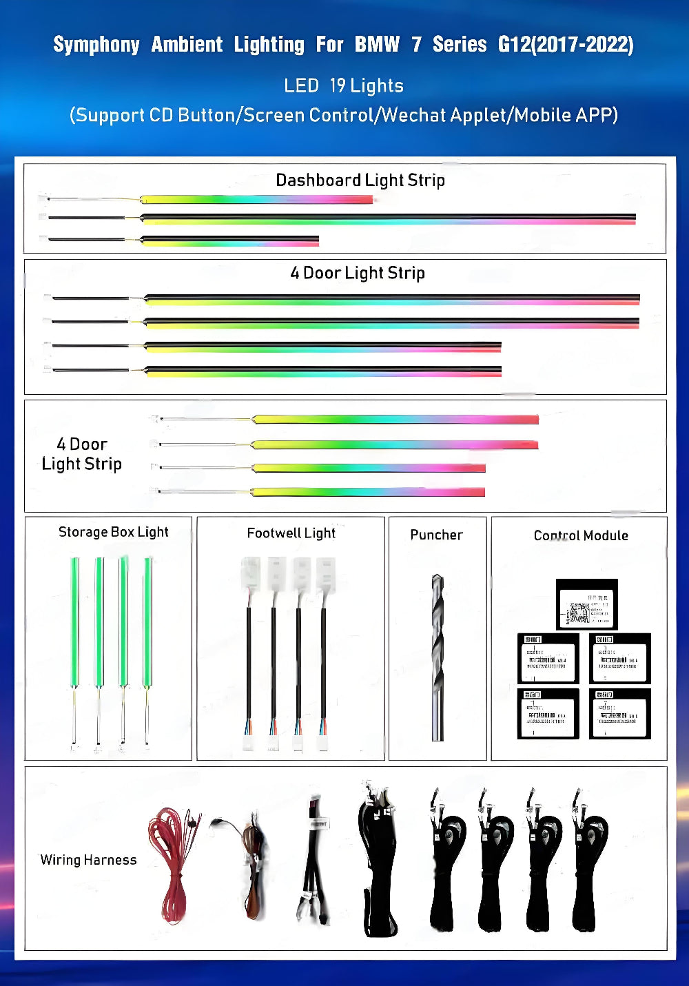 For BMW 7 Series G11 G12 2015-2023 256 Colors Symphony LED Car Interior Ambient Lighting Atmosphere Strip Accessories Upgrade Carputech
