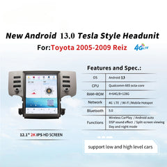Autoradio 12,1" pour Toyota Reiz 2005-2009, unité centrale stéréo Carplay, mise à niveau, écran de style Tesla, Android Auto, navigation GPS, lecteur multimédia