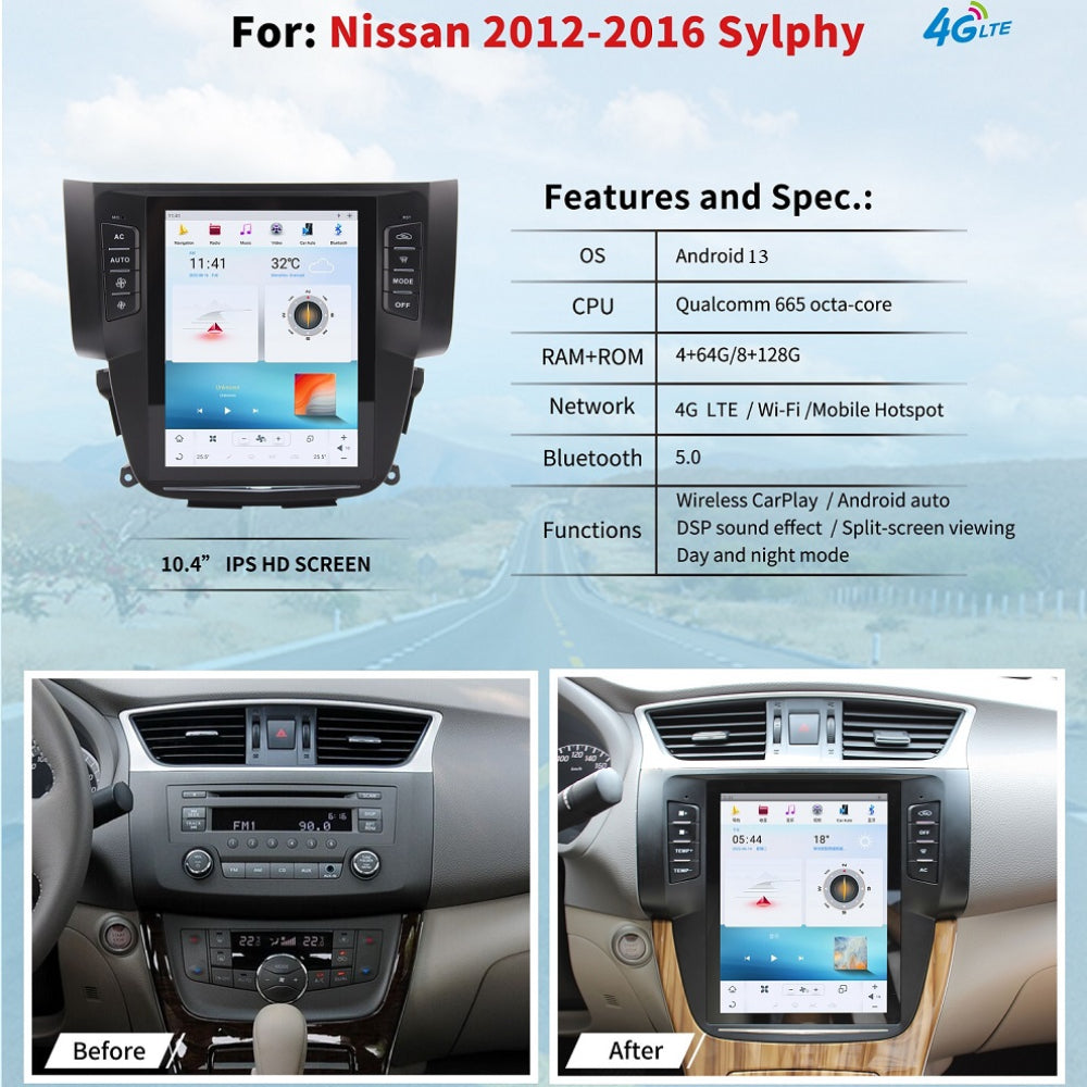 10.4" For NISSAN Sylphy 2012-2016 Car Radio Headunit Stereo Carplay Upgrade Tesla Style Screen Android Auto GPS Navigation Multimedia Player