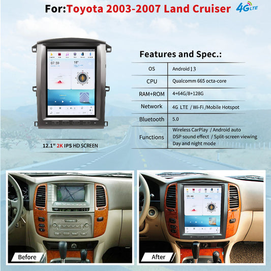 Autoradio 12,1" Qualcomm pour Toyota Land Cruiser 2002-2007, unité centrale stéréo Carplay, mise à niveau, écran de style Tesla, Android Auto, navigation GPS, lecteur multimédia