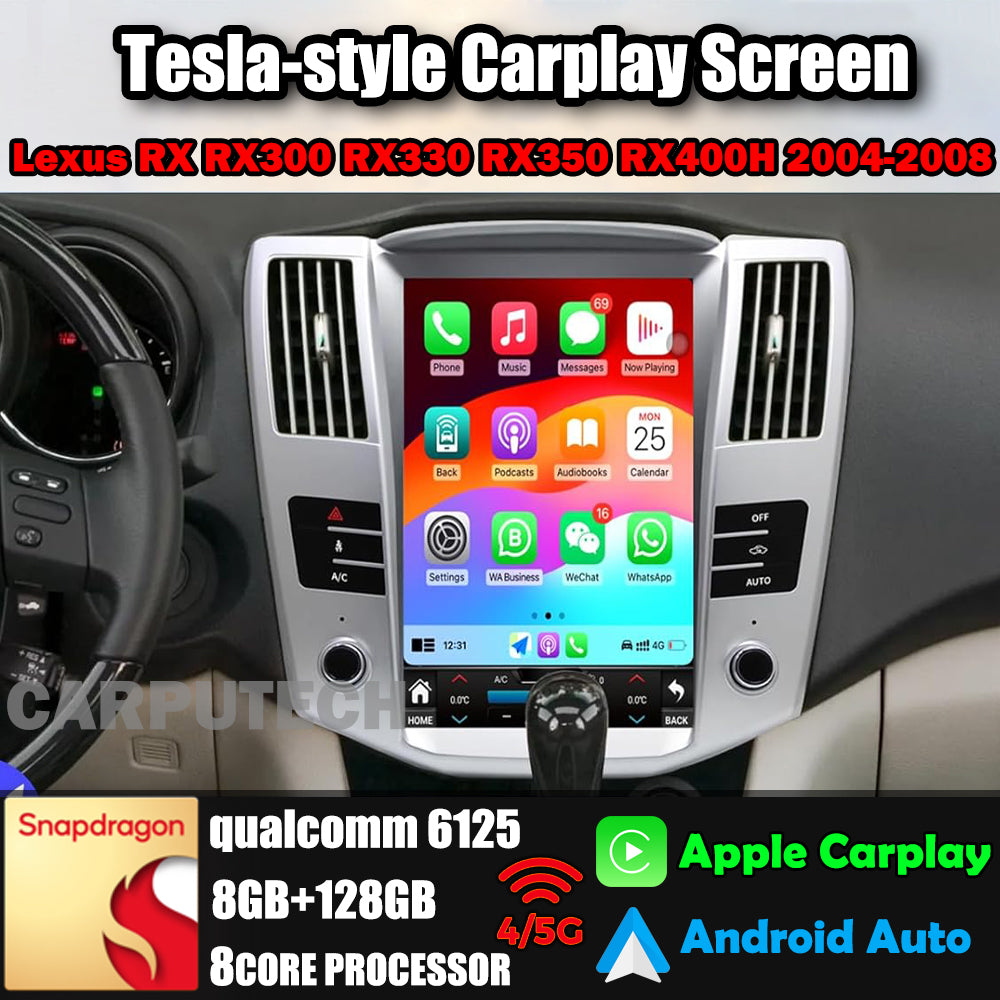12,1 Zoll Qualcomm für Lexus RX RX300 RX330 RX350 RX400H 2004–2008 Autoradio-Stereo-Carplay-Upgrade Tesla-Stil-Bildschirm Android Auto GPS-Navigation Multimedia-Player