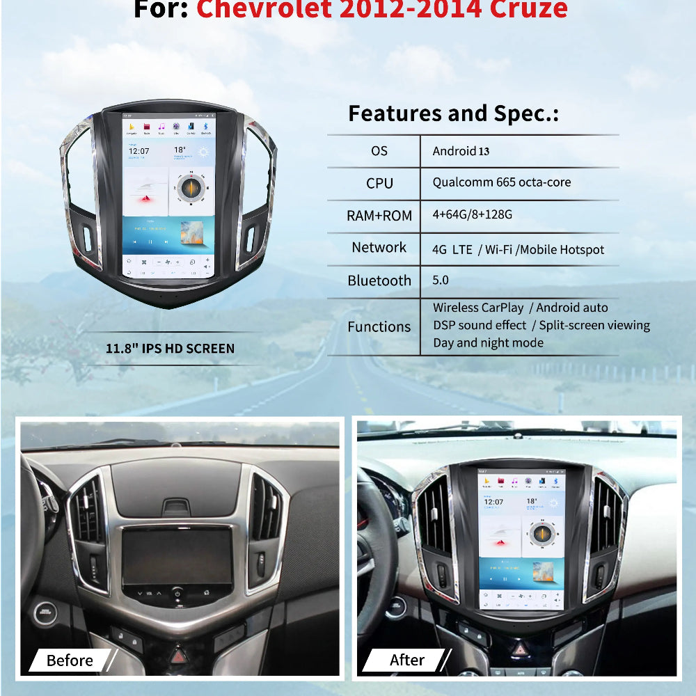11.8" Qualcomm For Chevrolet Cruze 2012-2014 Car Radio Stereo Carplay Upgrade Tesla Style Screen Android Auto GPS Navigation Multimedia Player