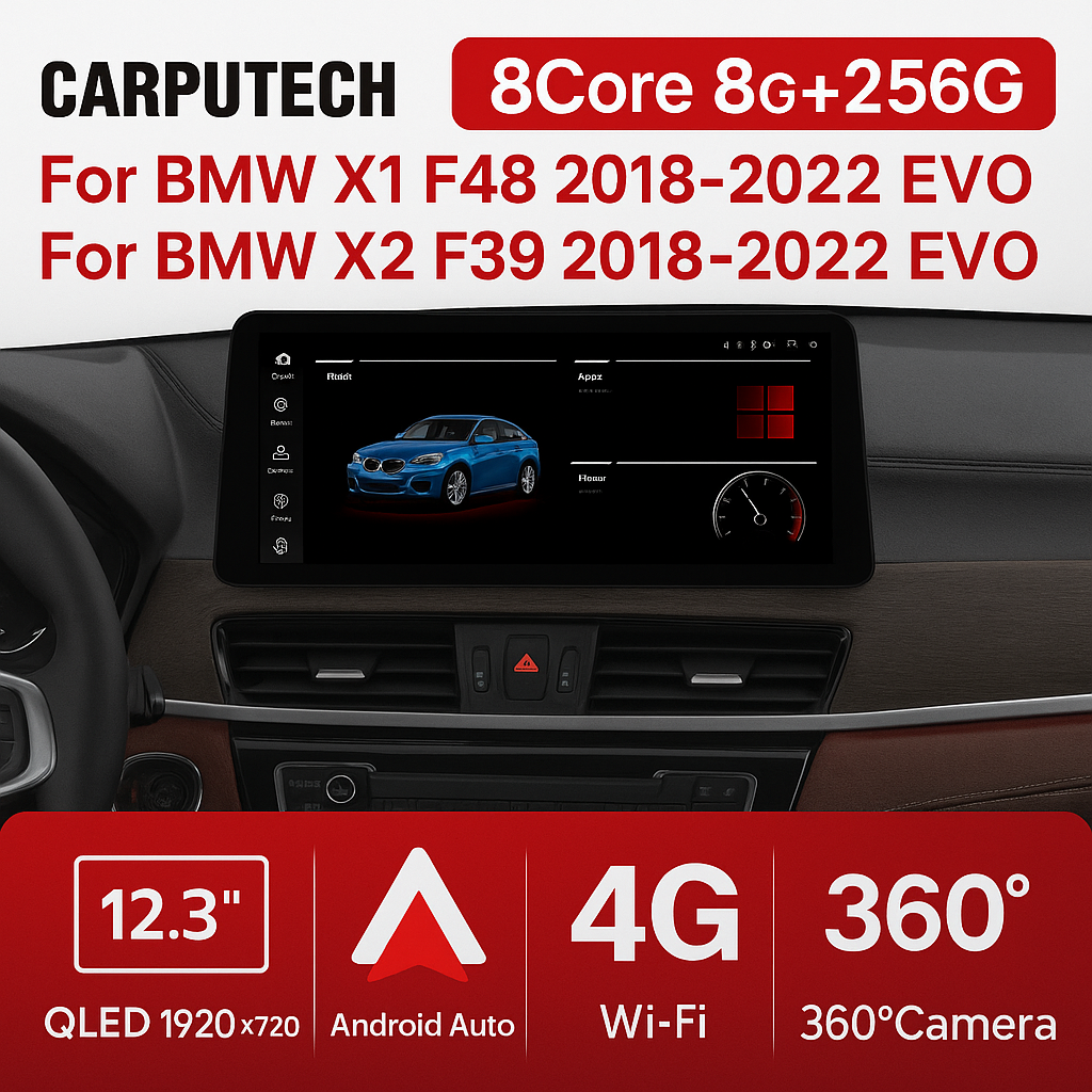 CarpuTech 12.3" Android 13 QLED Car Multimedia System 8+256GB for BMW X1 E84/F48, X2 F39 NBT EVO (2009-2022) | GPS, Wireless CarPlay, Radio