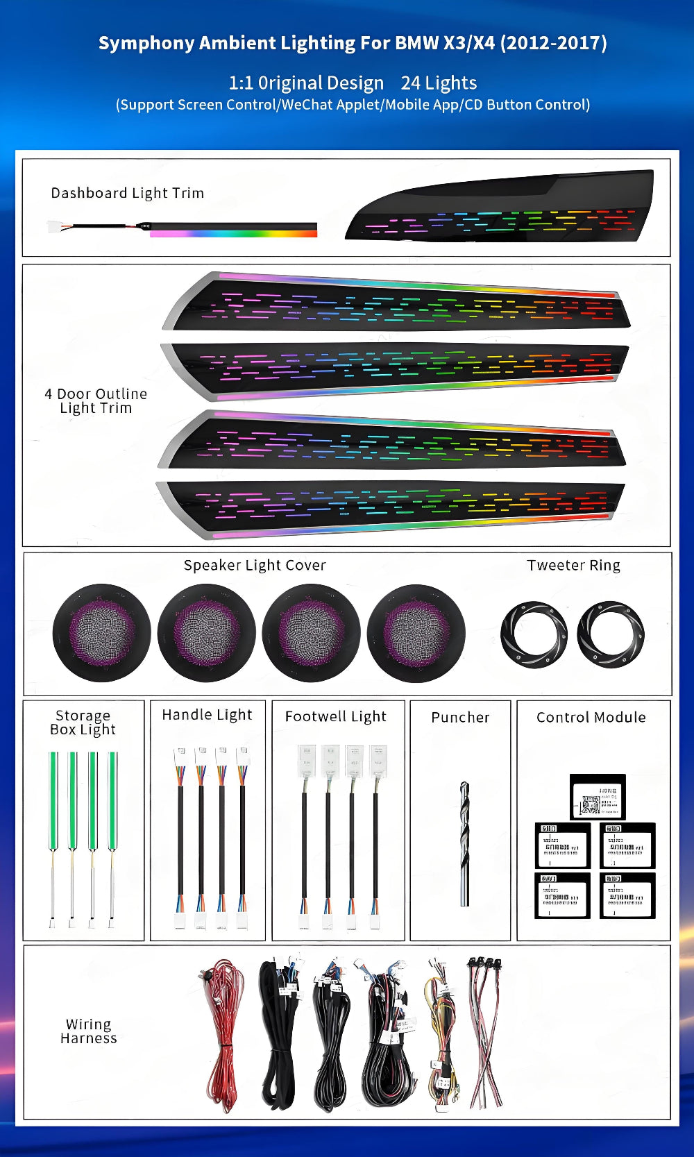 For BMW X3 X4 F25 F26 2012-2017 Upgrade 256 Colors Symphony Car Interior Ambient Lighting Air Vent Strip Accessories Carputech