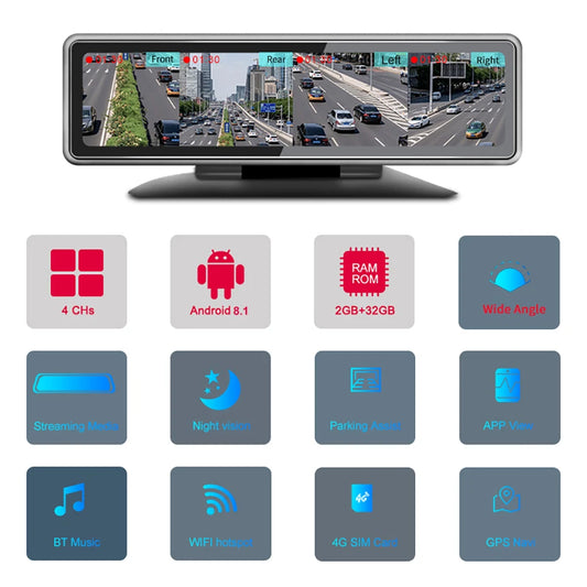 Carputech 4-Kanal Panorama-Dashcam, 4G LTE Android Armaturenbrettkamera, GPS-Navigation, 720P Videorecorder, Bluetooth, WiFi-Monitor 