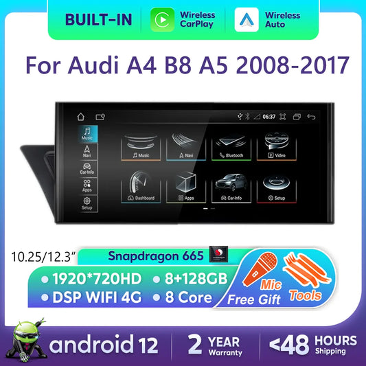 For Audi A4 B8 A5 2008-2017 MMI 2G 3G CarPlay Android 12 Car Multimedia IPS Screen GPS  Auto Radio Navigation Stereo DSP Netlifx