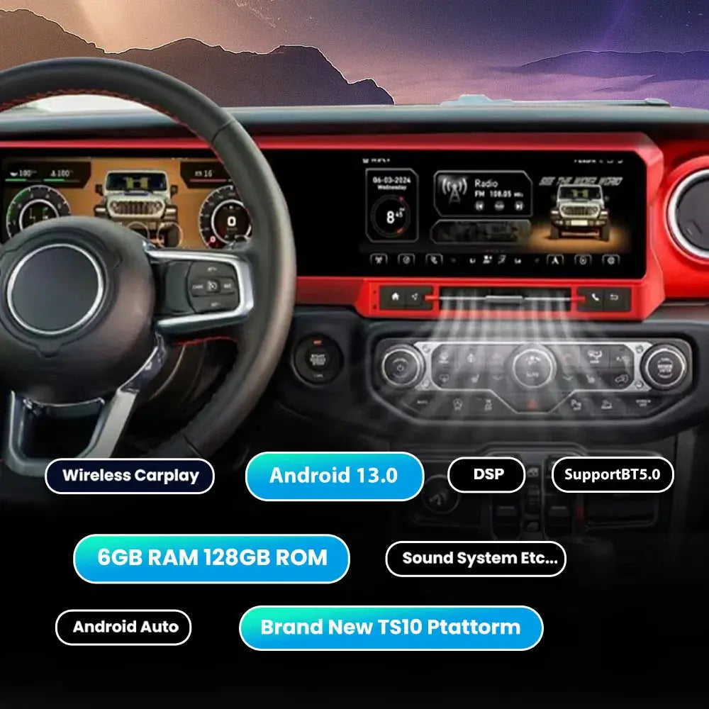 Jeep Wrangler 2018-2024 Digital Dashboard Cluster Dual Screen Car Radio Strip Screen CarPlay Android Auto Speed Meter Screen Carputech