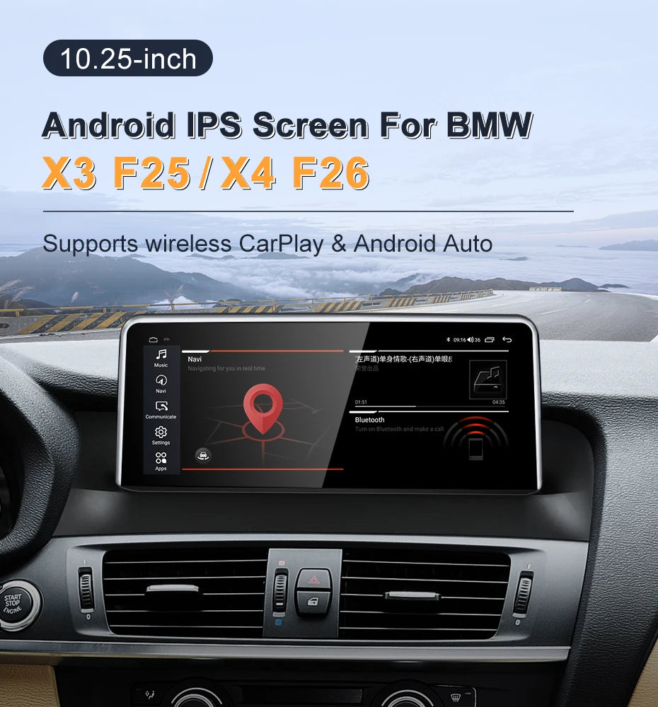 Pour BMW F25 F26 MTK8581 10,25 pouces sans fil CarPlay AUTO Android système multimédia de voiture unité principale Radio Bluetooth GPS Navigation 