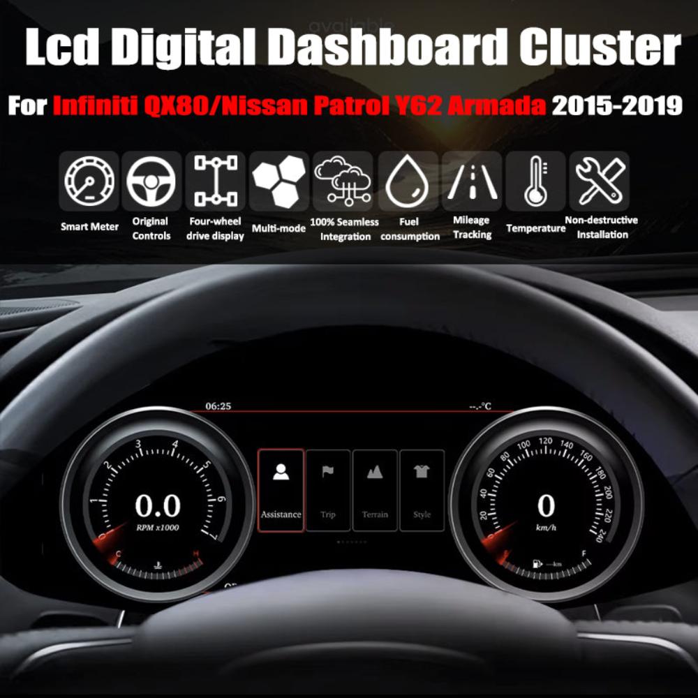 Pour Infiniti QX80/Nissan Patrol Y62 Armada 2015-2019 12.3" LCD Tableau de bord numérique Cluster Panneau de voiture Compteur de vitesse Cockpit virtuel