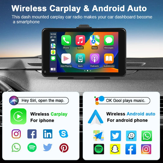 Carputech Wireless Carplay Android Auto Car Radio Multimedia Player for Universal 7'' Portable Touch Screen With AUX USB BT