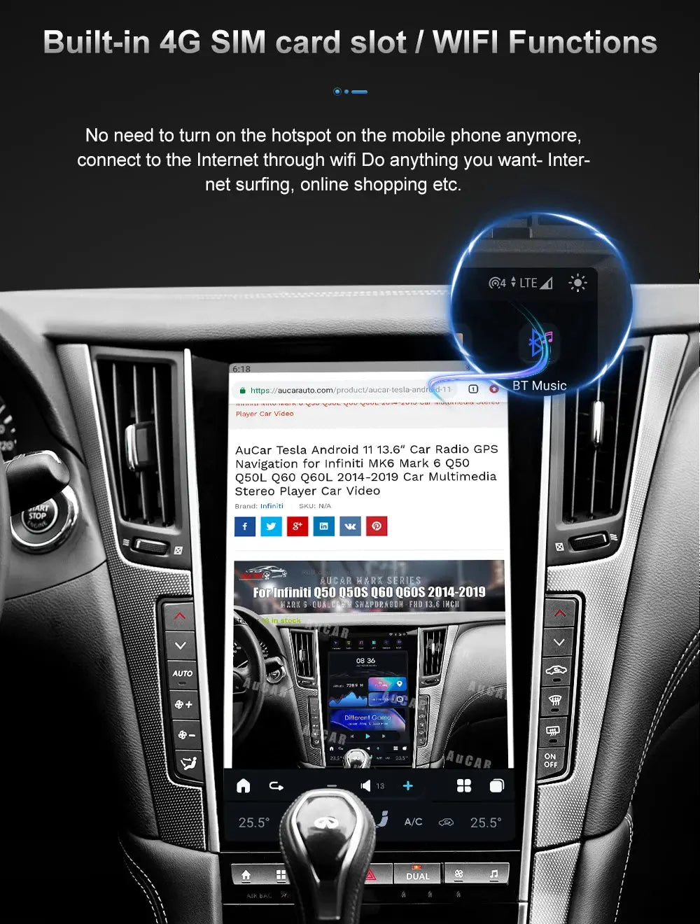 13.6" Qualcomm For Infiniti Q50 Q50S 2014-2019 Car Radio Stereo Carplay Upgrade Tesla Style Screen Android Auto GPS Navigation Multimedia Player Carputech