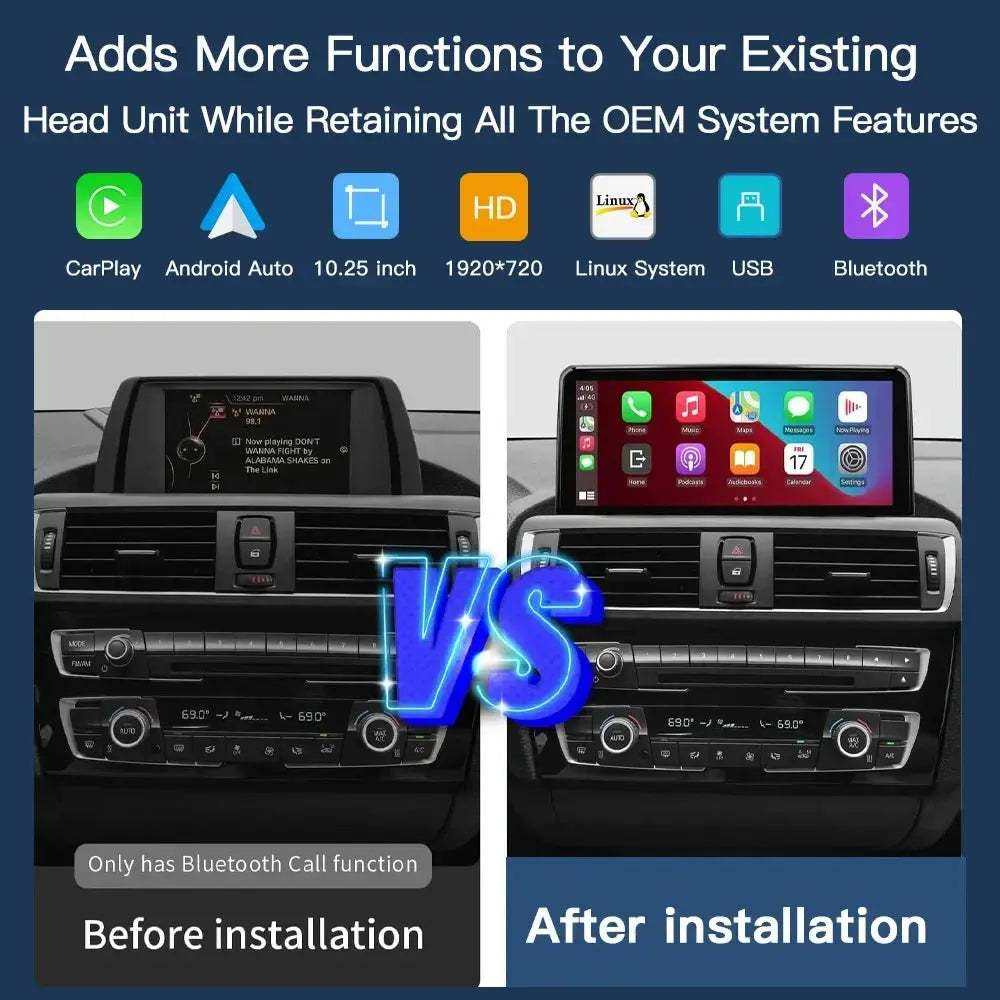 Wireless Apple Carplay Android Auto 10.25 inch Linux Car Radio For BMW 3 series 4 series F30/F31/F32/F33/F34/F36 2012-2016 NBT System Carputech