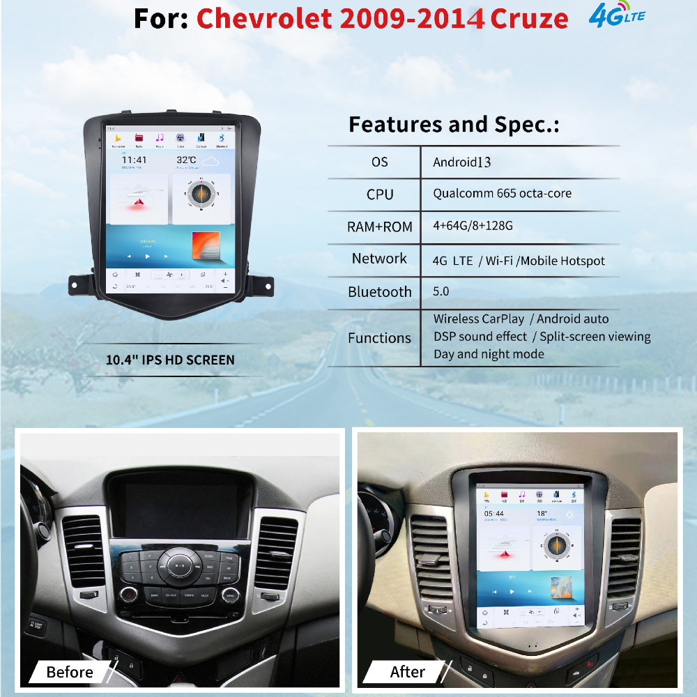10.4" For Chevrolet Cruze 2009-2014 Car Radio Headunit Stereo Carplay Upgrade Tesla Style Screen Android Auto GPS Navigation Multimedia Player