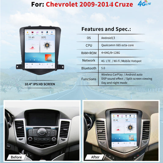 10.4" For Chevrolet Cruze 2009-2014 Car Radio Headunit Stereo Carplay Upgrade Tesla Style Screen Android Auto GPS Navigation Multimedia Player