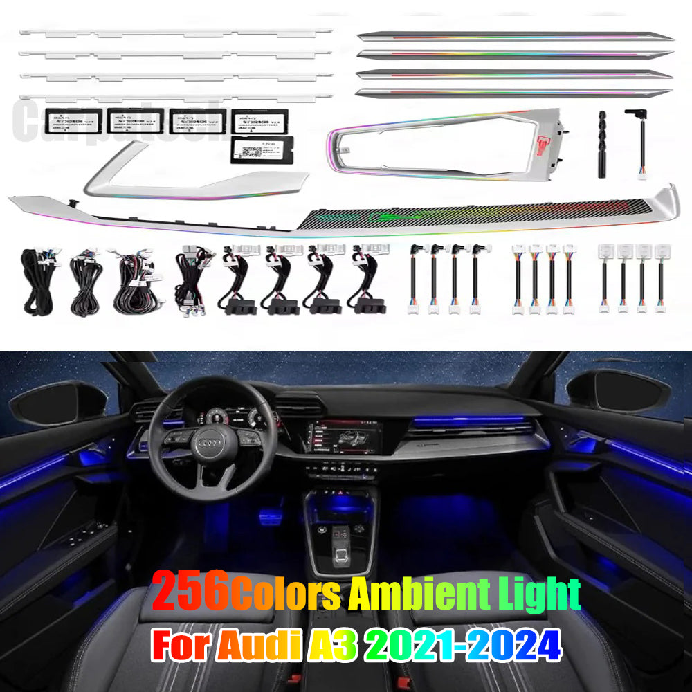 Upgrade Symphony 256 colors Led Car Interior Ambient Light Decoration for Audi A3 2021-2024 Carbon Fiber Pattern Trim Accessories