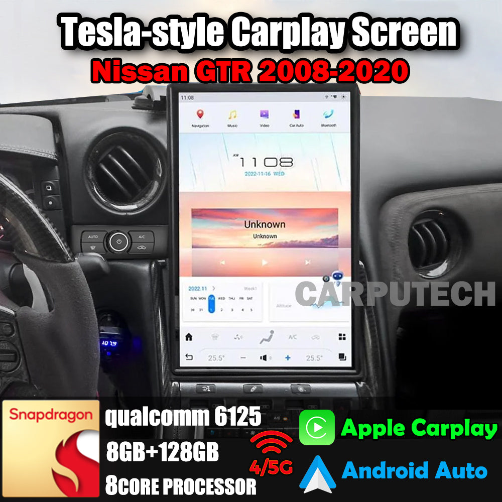 Autoradio 14,4" Qualcomm pour Nissan GTR 2008-2020, stéréo, Carplay, mise à niveau, écran de style Tesla, Android Auto, navigation GPS, lecteur multimédia 