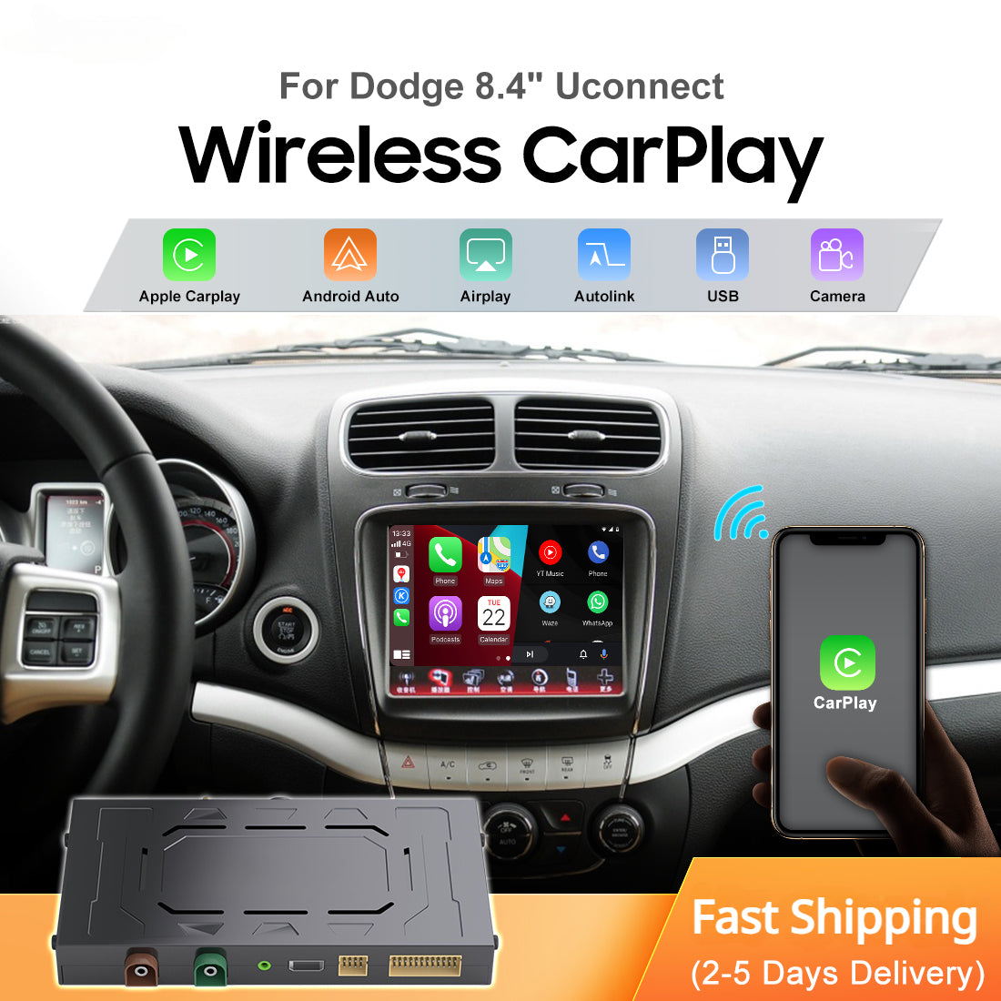 Carputech Wireless Apple CarPlay for Dodge Uconnect 8.4" Charger Ram Challenger Journey Durango CarPlay Kit Android Auto Mirror-Link Reserve Camera Retrofit