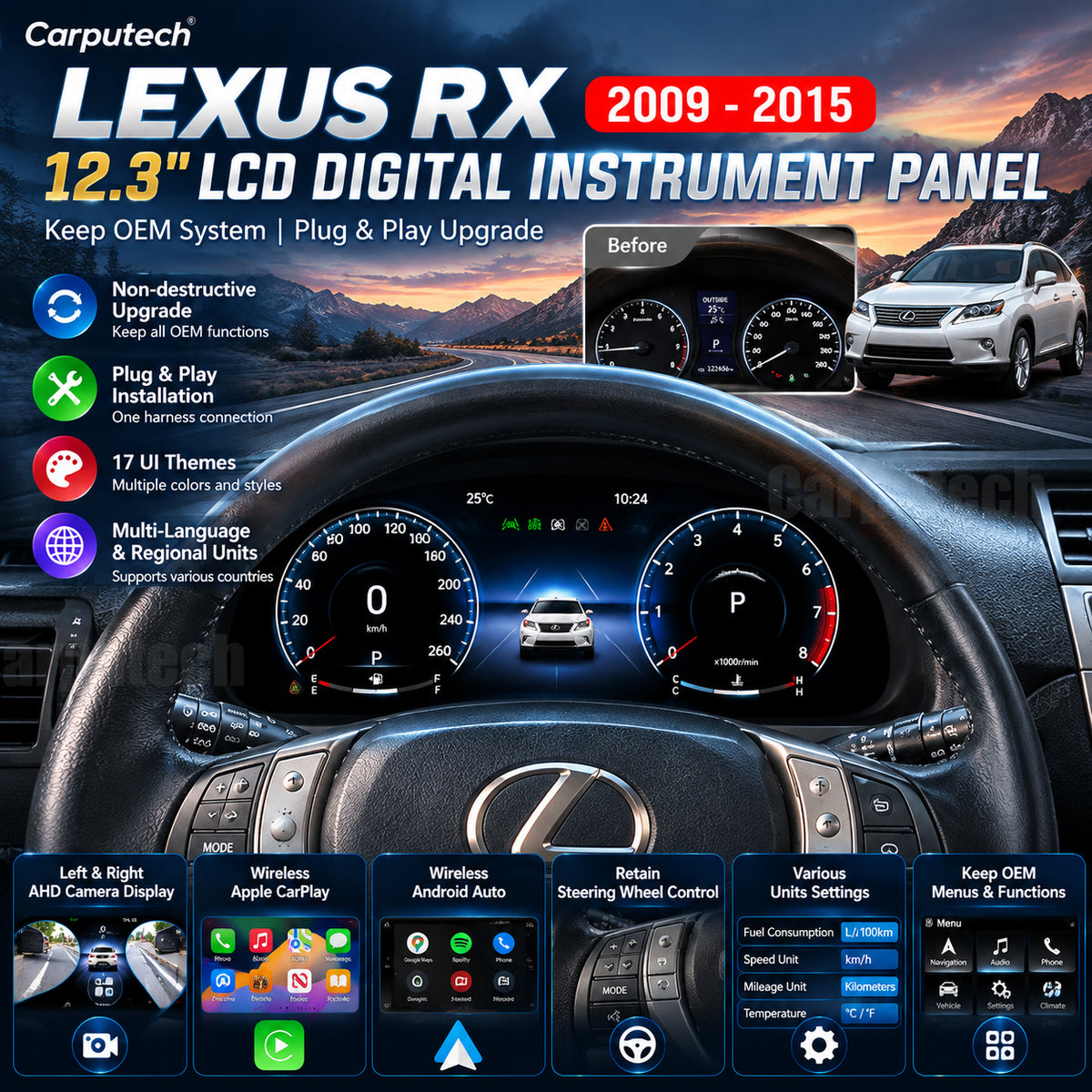 For Lexus RX 2009-2015 LCD Digital Dashboard Cluster Car Panel Speedometer Virtual Cockpit Carplay